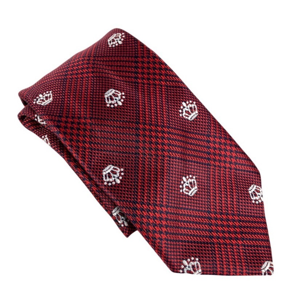 Vintage DAMON MEN'S NECK TIE Red/Navy Houndstooth Plaid EMBROIDERED CROWNS King